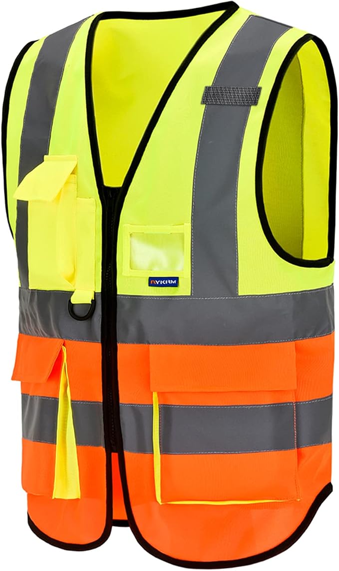 A-SAFETY orange and yellow construction worker vest | Yellow/Orange L safety vest with 7 pockets, clear ID pocket and radio mic loop for highway maintenance; unisex workwear.