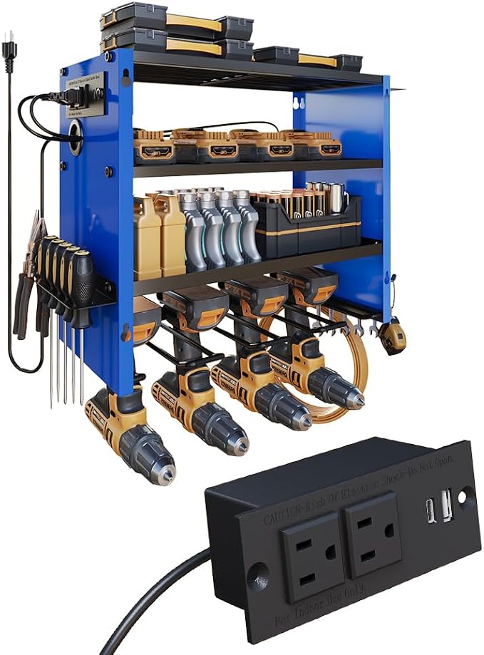 4-Tier Power Tool Organizer, Built-in 2-Outlet Charging Station for Small Garages,400lb Capacity 12mm Steel Drill Holder & Battery Storage for DIY Workshops (4 Slots with 2 Outlets Power Strip)