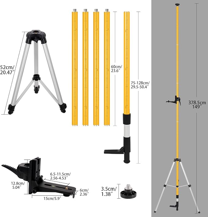 Lasers' Level Pole with Tripod, Telescoping Lasers' Level Tripod, 12 Ft./3.7M with 1/4-Inch by 20-Inch Lasers' Mount, 5/8"-11 Adapter Nut Included(Laser Class 2, output power less than 1mW)