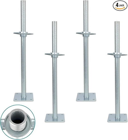 24" Adjustable Scaffolding Leaveling Jack, Galvanized Steel Hollow Screw Jack with Base Plate, 4 Pack
