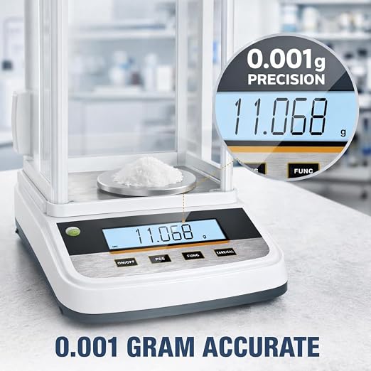 Lab Analytical Balance 500g x 0.001g Precision Digital Scale, with Windshield and RS232 Interface, for Scientific Laboratories, Research, Industrial, Kitchen, Food, Jewelry, 19 Units, 500g Weight