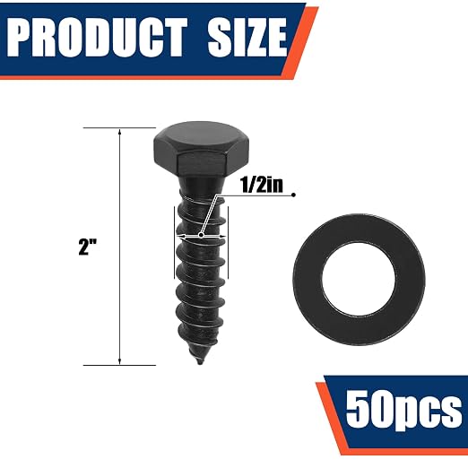Tandefio 50 Pack 1/2''x 2'' Ceramic Black Lag Screw Kit with Washers Hex Lag Bolts Wood Screws Heavy Duty Hot Dip Galvanized Double Layer for Wood Decks Fences