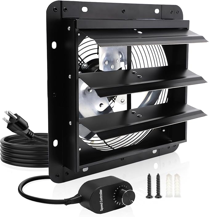 Shutter Exhaust Fan, 7 in Wall Mount Ventilation Fan w/Speed Controller Attic Vent Fan for Chicken Coops, Greenhouse, Gable, Barn, Garage, Shed Ventilator 576 CFM, 1700 RPM