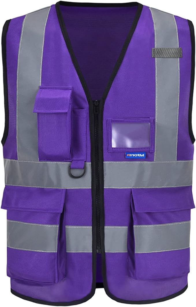 A-SAFETY High Visibility Reflective Vest with 7 Pockets, Zipper, Purple, S | Purple S work vest with clear ID holder, mic tabs and reflective strips for material handling and specialty contractors.