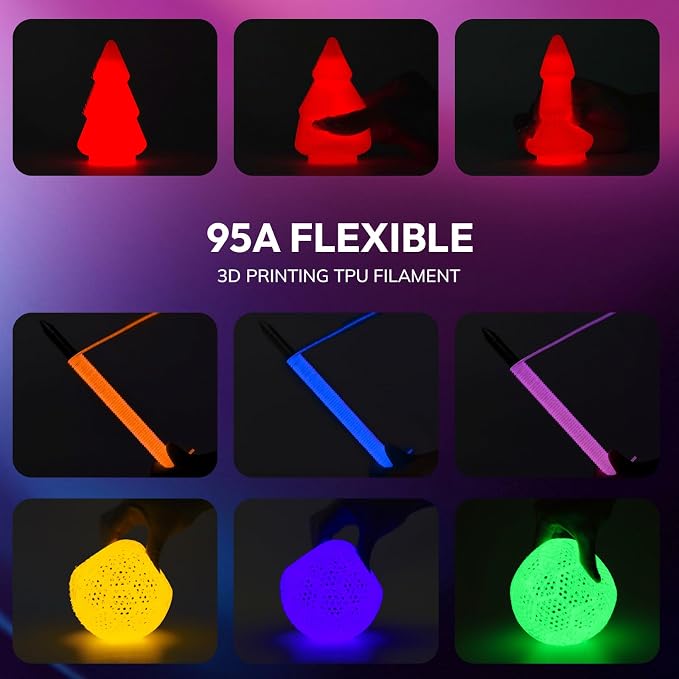 AMOLEN 95A TPU Glow in the Dark Filament Bundle, Red, Orange, Blue Purple, Green 1.75mm Soft Flexible TPU 3D Printer Filament, Best with UV Lamp, 200g x 4 Pack, Luminous Filament for Halloween