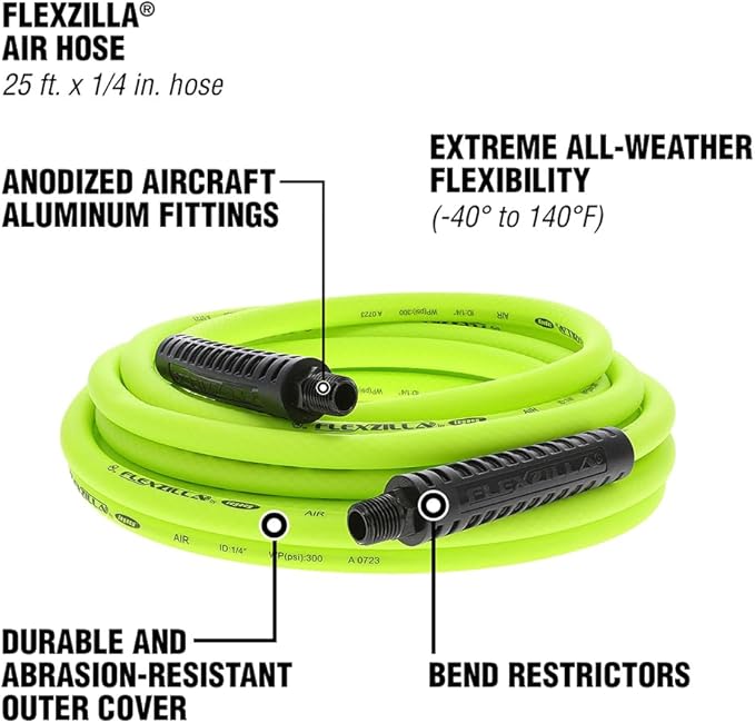 Flexzilla Air Compressor Hose, 1/4 in. x 25 ft., 1/4 in. MNPT Fittings, No-Kink, All Weather, Lightweight, Premium Hybrid Polymer, 300 PSI, ZillaGreen