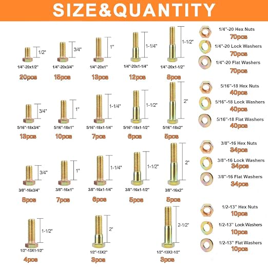 612pcs Heavy Duty SAE Grade 8 Bolts and Nuts Kit, 1/4-20,5/16-18,3/8-16,1/2-13 Bolt Assortment Kit Including Nuts Washers, Yellow Zinc Plated