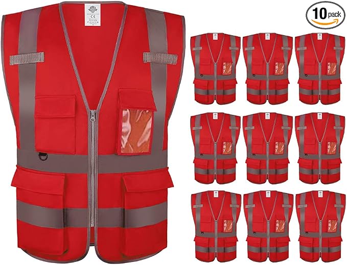 Dazonity Safety Vest with Pockets & Zipper,10 Pcs, Reflective, for Construction(Red-2XL)