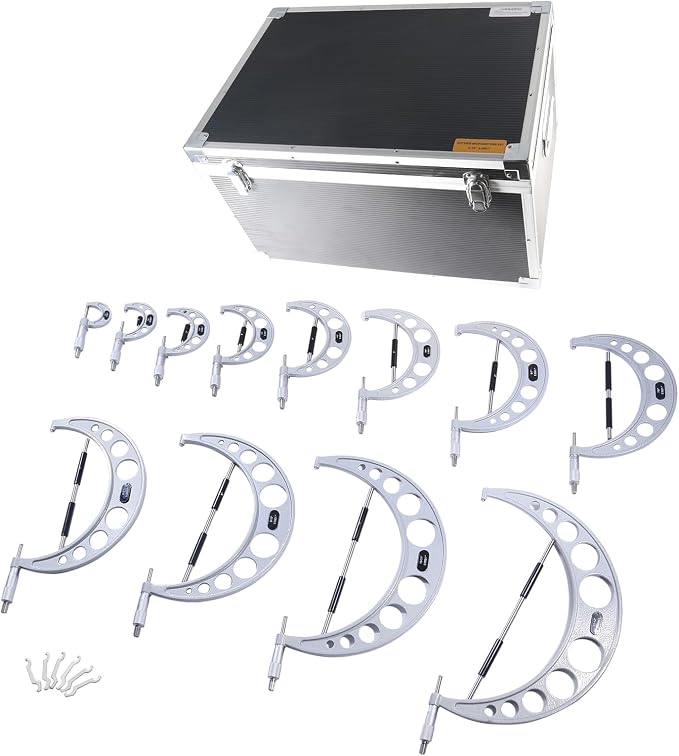 Accusize Industrial Tools 0-12'' by 0.0001'', 12 Pcs Ultra-Precision Outside Micrometers Set with Carbide Tips, Eg00-0912 | Carbide Tipped M-Type Micrometers With Ratchet, Lock Nut, Standards and Wrenches, Solid Case, EG00-0912