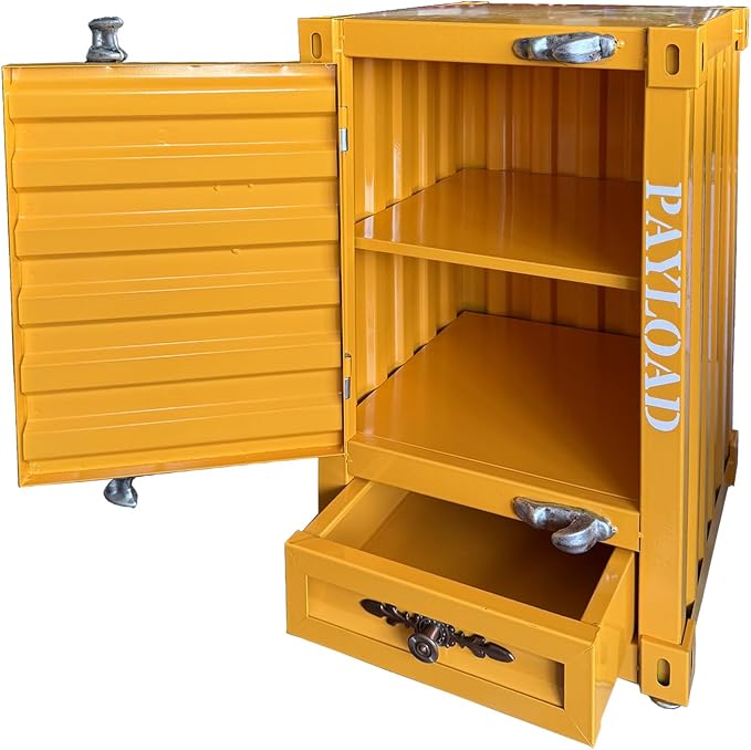 Industrial Shipping Container Nightstand - 20 Inch 3-Tier Iron Bedside Table with Drawer, Handcrafted Rustic Distressed Metal End Table for Bedroom, Bar, Garage (Yellow)