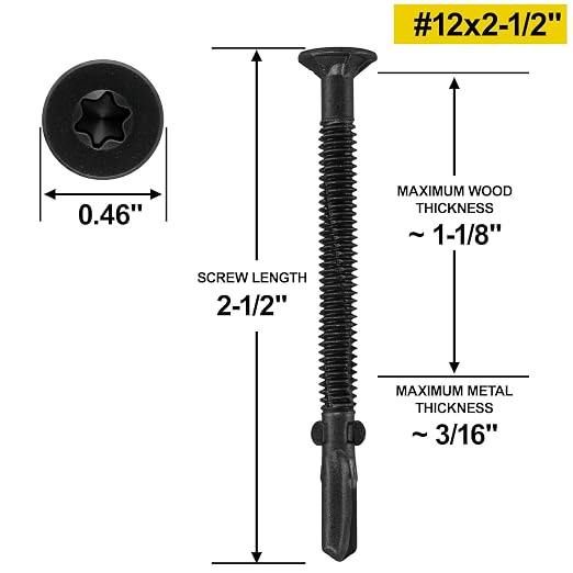 FMhotu #12 x 2-1/2" Trailer Deck Screws, Self-Tapping Sheet Wood Metal Screw, 286Pcs T25 Star Bits Reamer Tek Screws for Trailers, for Attaching Wood to Steel(Black)