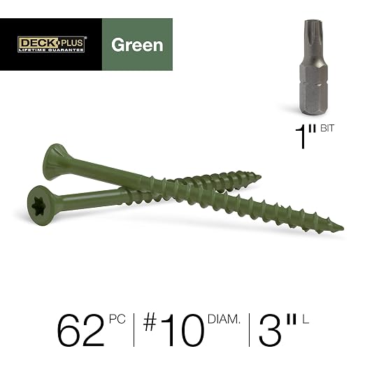 Deck Plus 3 Inch Epoxy Coated Exterior Wood and Fence Screws #10 x 3 Torx/Star Drive Included Coarse Thread, Outdoor Rust Resistant Decking Screw, Green, 1lb Box, 62 Pieces | 48404 (Pack of 12)