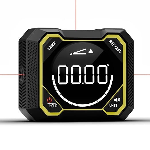 Digital Angle Finder with Laser, Magnetic Inclinometer, USB Rechargeable | 4x90° angle measurement with backlit LCD, auto-rotating display and magnetic base for woodworking, construction and DIY.