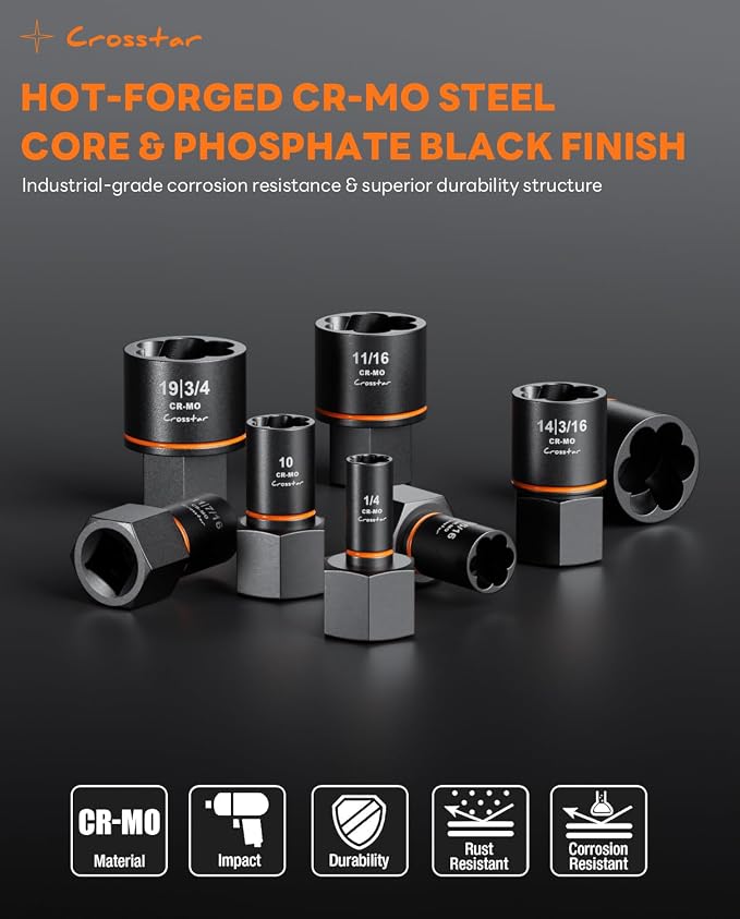 Crosstar 15 PCS Impact Bolt Extractor Set, 3/8" Drive SAE/Metric Cr-Mo Sockets (1/4"-3/4") for Stripped, Rusted, Frozen & Rounded-Off Bolts, Nuts, Screws & Studs