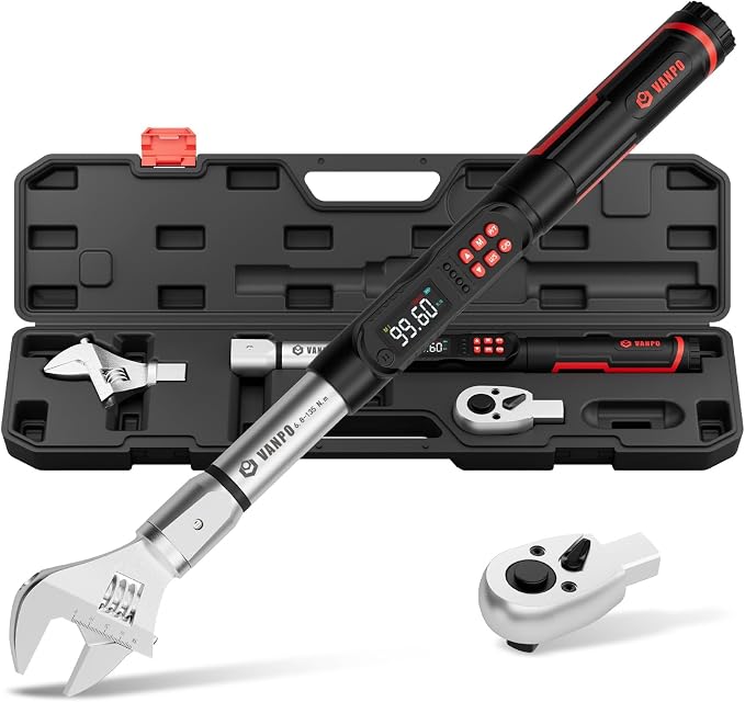 VANPO Adjustable Digital Torque Wrench, 5-99.6 Ft.lb/6.8-135Nm for Split AC | Electronic Torque Wrench with 38mm Jaw and 1/2" Ratchet, ±2% Accuracy, Buzzer, Vibration and LED Indicator for Moto, Car
