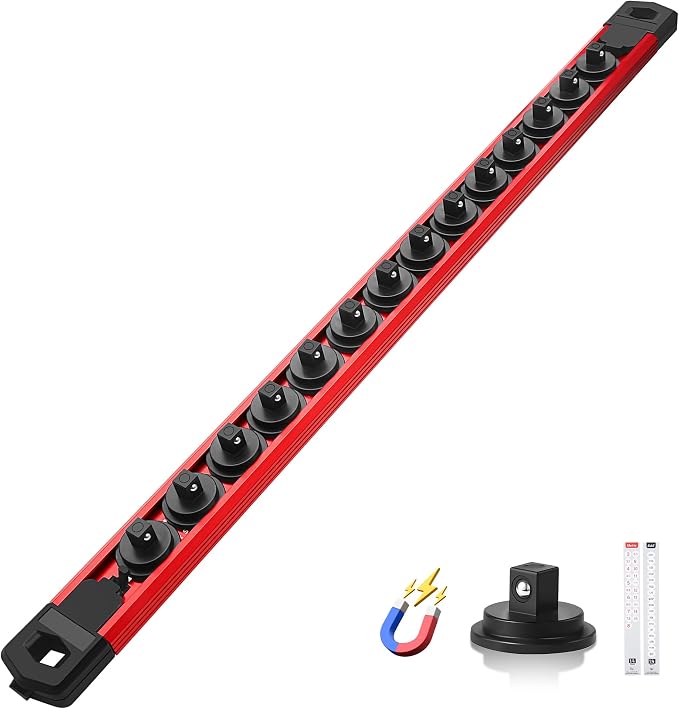 Reniteco Magnetic Socket Organizer, 1/4" Drive Aluminum Alloy Socket Rail, Heavy Duty Magnetic Socket Holder with 14PC 360° Swivel Removable Clips, Magnetic Socket Rack for Tool Box Drawer, Red