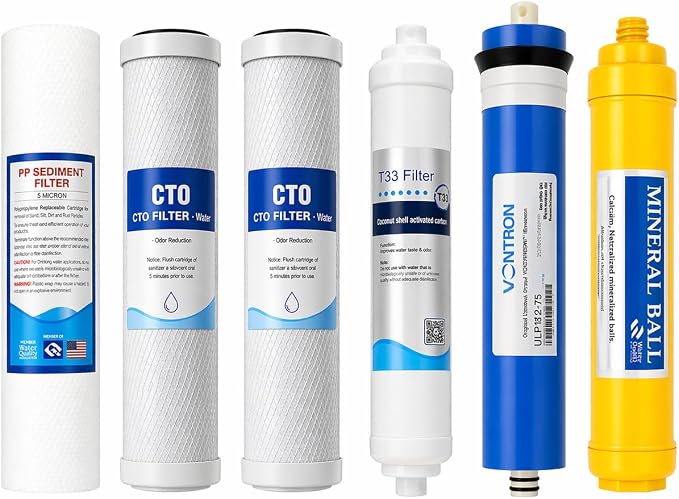 6 Stage RO Replacement Filters, Compatible with APEC ROES-PH75 Replacement Filter Set, 75 GPD Membrane, Sediment, Dual CTO Carbon Blocks, Mineral Inline and Post Carbon Filter, Fits ROES-PH75, ROES-50