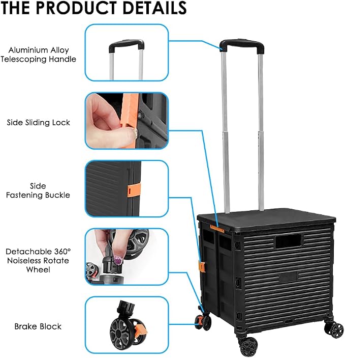 Foldable Utility Cart Portable Collapsible Crate Rolling Carts with Wheels Rolling Tote Basket Teacher Cart with Lid Wear-Resistant 360°Rotate Wheel Noiseless for Shopping Storage Office Use