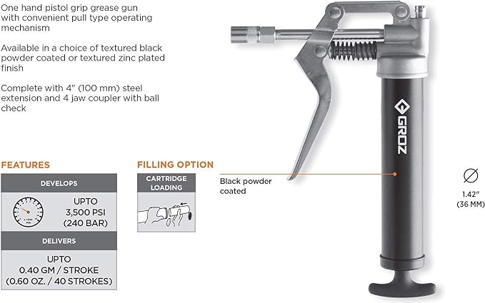 PROLUBE Mini Pistol Grip Grease Gun | 3-Ounce Capacity | 3,500 PSI | 4-inch Steel Extension & Coupler | Powder Coated Finish | 1/8” NPT Threads (43252)