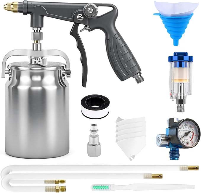 Air Undercoating Spray Gun with Suction Feed Cup & Gauge, 2 Extension Wands 360°Straight Spray Hoses, Fluid Film Spray Gun for Truck Bed Liner Spray Coating, Rubberized Undercoat, Rust Proofing