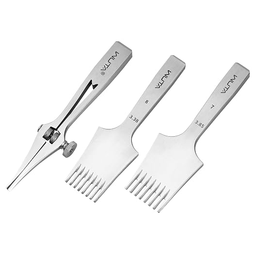WUTA Leather Chisel All-Polished Pricking Iron Adjustable 2-6mm French Style Puncher Sharp Punching Tool Set (Obverse Adjustable 2 Teeth+3.38mm 8 Teeth+3.85mm 8 Teeth)