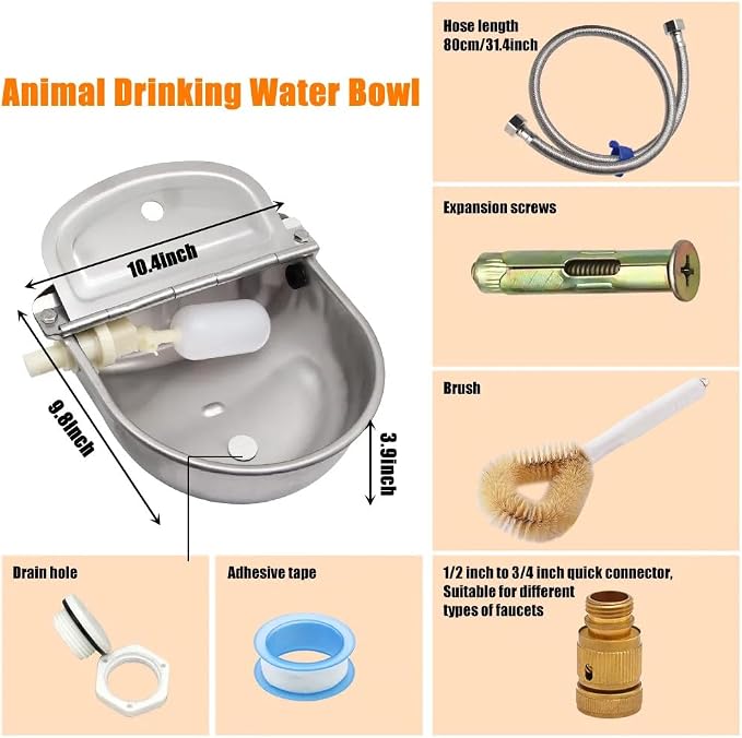 Automatic Animal Watering Bowl 304 Stainless Steel with Float Valve & Drainage Hole – Wall Mount Livestock Waterer for Dogs, Horses, Goats, Pigs, Chickens, Includes 39" Hose, 3/4" Adaptor