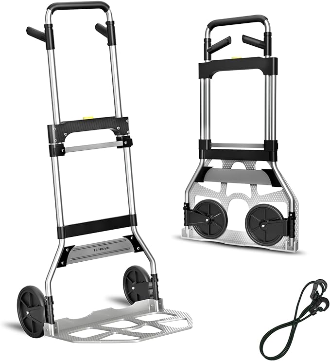 Teprovo Folding Hand Truck Dolly Cart,340LB Capacity Portable Aluminum Dolly Cart with Telescoping Handle and 7 Inch Rubber Wheels for Moving,Shopping,Travel,Office Use