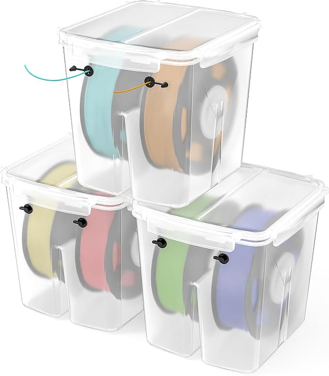 Filament Storage Box with Center Holder - Airtight Filament Storage Container with Labels for 1KG 1.75mm PLA ABS PETG TPU PA, 3D Printing Filament Storage Box with Dual Cable Ports (3 Pack)