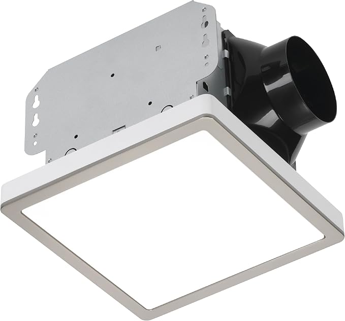 Homewerks 7105-12-BN Bathroom Fan with Light 100-CFM 2 Sones Square Ventilation Fan Dimmable LED Light and Magnetic Trim Ring Brushed Nickel
