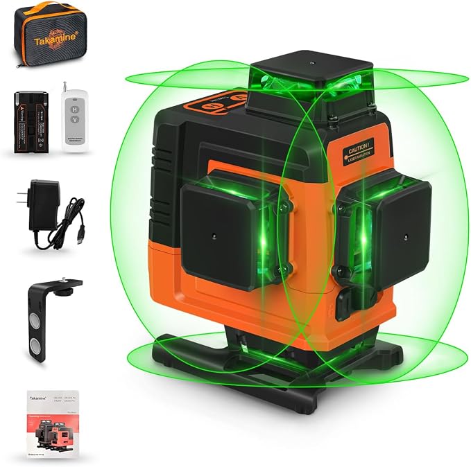 Takamine 16 Lines Laser Level Self Leveling 4x360° 4D Green Cross Line for Construction/Picture Hanging, Remote Controller, Magnetic Stand and portable bag