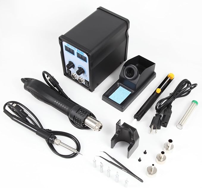 FEITA 8586 SMD Hot Air Rework Station 2 IN 1 Digital Soldering Iron & Heat Air Gun with 5 Solder Tips, 1 Solder Sucker, 1 Solder Wire, 1 Curved Tweezer, 3 Nozzles Kit