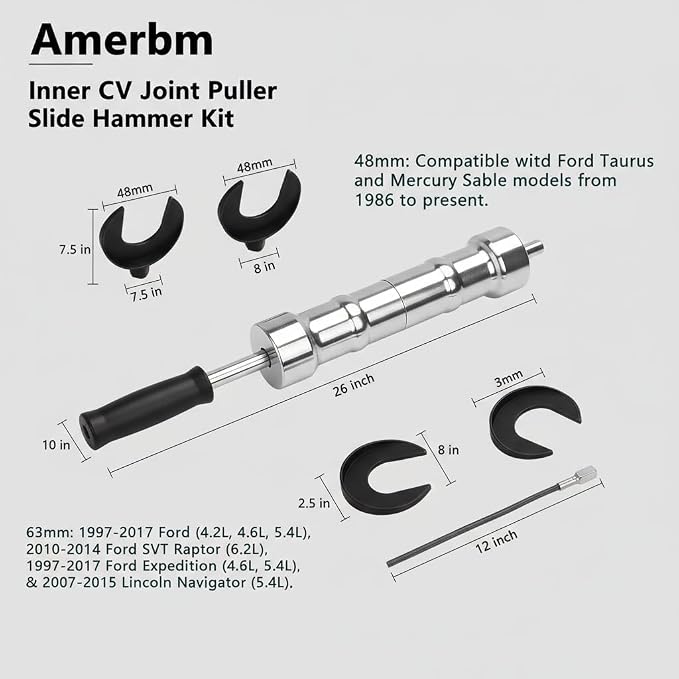 10lb Heavy Duty CV Axle Removal Tool Kit, Professional Inner CV Joint Puller with 10 Pounds Slide Hammer, 63mm & 48mm CV Joint Fork Adapter Attachments for Front Wheel Drive FWD Axle Half Shaft