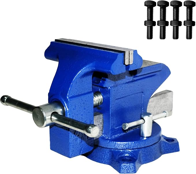 Bench Vise 4.5 Inch Jaw Width 3.3 Inch Jaw Opening Home Vise - Secure Grip with 240° Swivel Base Home Vise Rotation Base - Assembled with a Combination of Heavy Duty Cast Iron and Steel - Blue