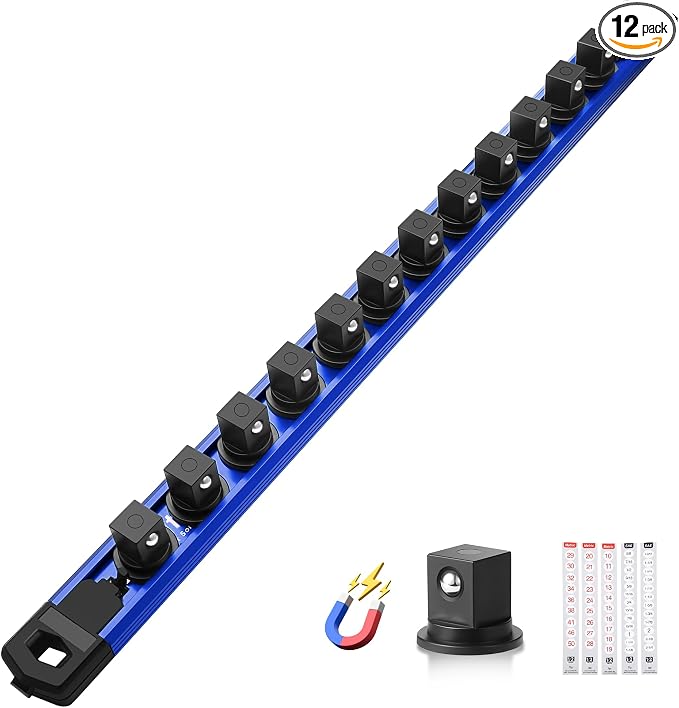 Reniteco Magnetic Socket Organizer, 1/2" Drive Aluminum Alloy Socket Rail, Heavy Duty Magnetic Socket Holder with 12PC 360° Swivel Removable Clips, Magnetic Socket Rack for Tool Box Drawer, Blue