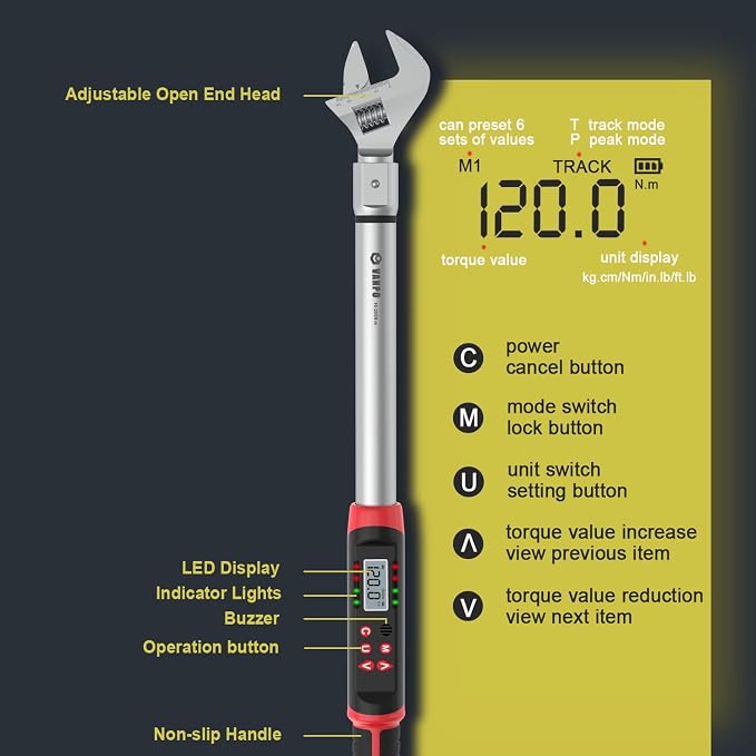 VANPO Digital HVAC Torque Wrench 7.4-147.6 ft.lb, 38mm Adjustable Jaw | 10-200 N.m, ±2% Accuracy, LED Buzzer Alert, 14x18mm Open End, Adjustable Digital Torque Wrench for Mini Split AC, Pipeline