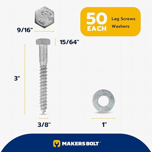 3/8 x 3 (50 Pack) Lag Screw Kit, 50 Screws and 50 washers, Hot Dip Galvanized, Meets ASME B18.2.1 Industrial/Commercial Grade by Makers Bolt