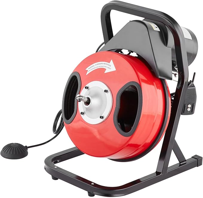 VEVOR Drain Cleaner Machine 50FT x 1/2 Inch, Manual Feed Sewer Snake Auger - with 4 Cutters & Air-activated Foot Switch for 2" to 4" Pipes