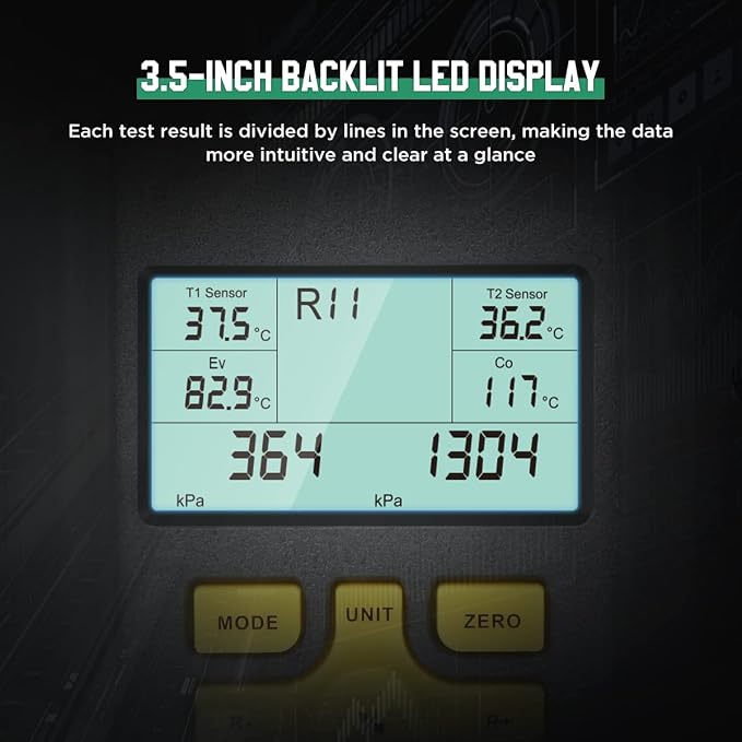 Digital Manifold Gauge with 93 Refrigerant Data,Digital Manifold HVAC Gauge Set for Pressure&Temperature Test, Digital Refrigerant HVAC Gauge with Upgraded Ball Valve&Hoses&Temp Clamps&3.5"LCD Display