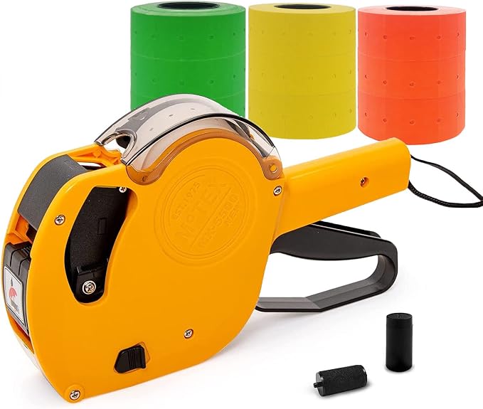 Motex Genuine MX-5500NEW 1 Line 8 Digits Price Tag Gun Kit - Includes 10,000 Blank Labels (White + Red + Yellow + Green) and 1 Pre-Loaded Inker with 1 Ink Refill (Yellow)