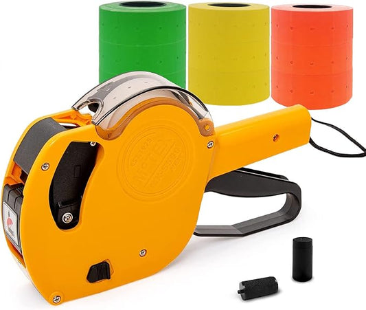 Motex Genuine MX-5500NEW 1 Line 8 Digits Price Tag Gun Kit - Includes 10,000 Blank Labels (White + Red + Yellow + Green) and 1 Pre-Loaded Inker with 1 Ink Refill (Yellow)