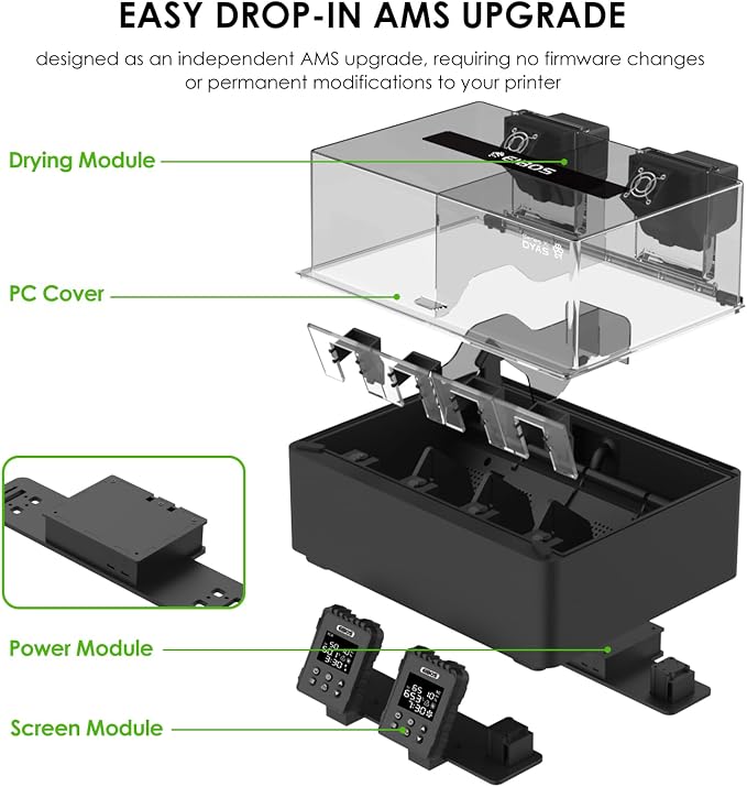 EIBOS 3D Printer Filament Dryer Dyas, AMS Heater Upgrade for Bambu Lab AMS, Dry While Printing, Dual Independent Chambers, Auto-Sealed Storage Box, Power-Saving, for 4 Spools Nylon, PLA, PETG