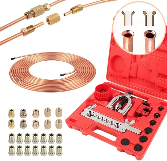 Wostore 25 FT 3/16" Copper Coated Brake Line Kit with 24 Brass Fittings & Double/Single Flaring Tool Kit, Complete Brake Line Repair Solution for Cars, Trucks, Motorcycles