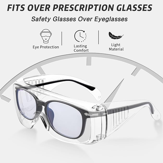 Salfboy Safety Glasses Over Eyeglasses with Anti-Fog and Scratch Resistant ANSI Z87 Safety Goggles Over Glasses