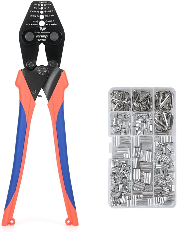 iCrimp Wire Rope Crimping Tool with Built-in Cutter Kit, with 330pcs Loop Sleeve and 45pcs Stainless Steel Thimble, Crimping from 1/32-inch to 1/8-inch