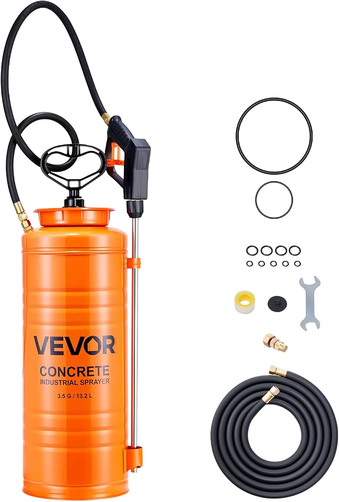 VEVOR Industrial Concrete Sprayer, 3.5 Gallon Stainless Steel Sprayer, Heavy Duty Tri-Poxy Pump Sprayers, 20.5"Wand with Ergonomic Gun Handle, 48"& 120"Hose, 2 Brass Nozzles for Construction, Garden