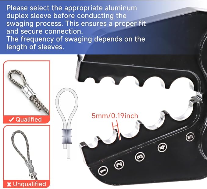 Wire Rope Crimping Tool, Ferrule Swaging Tool for Aluminum Sleeves, Loop Sleeves, Wire Rope Crimper for 1/16"-3/16"(1.58mm-5.0mm) Cables, Heavy-Duty Swaging Tool for Railing, Fishing