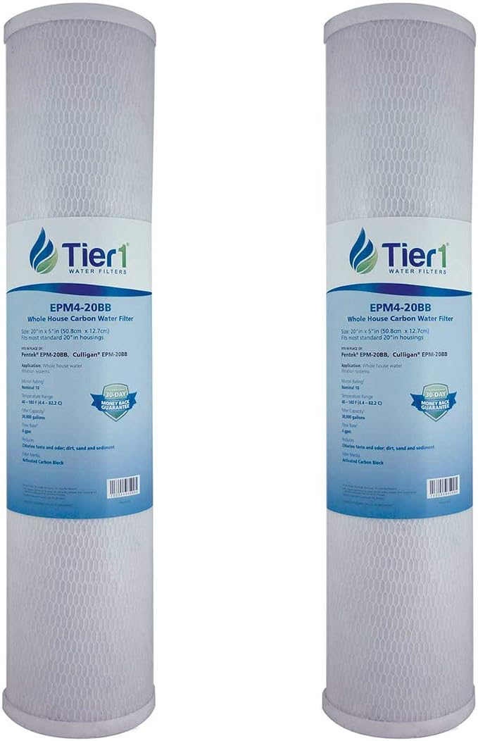 Tier1 10 Micron 20 x 4.5 Water Filter | Whole House Radial Flow Carbon Cartridge | Granular Activated Pre-Filter | Replacement for Pentek EPM-20BB, 155783-43, EPM4-20BB | 4.5 x 20 Water Filter (2pk)
