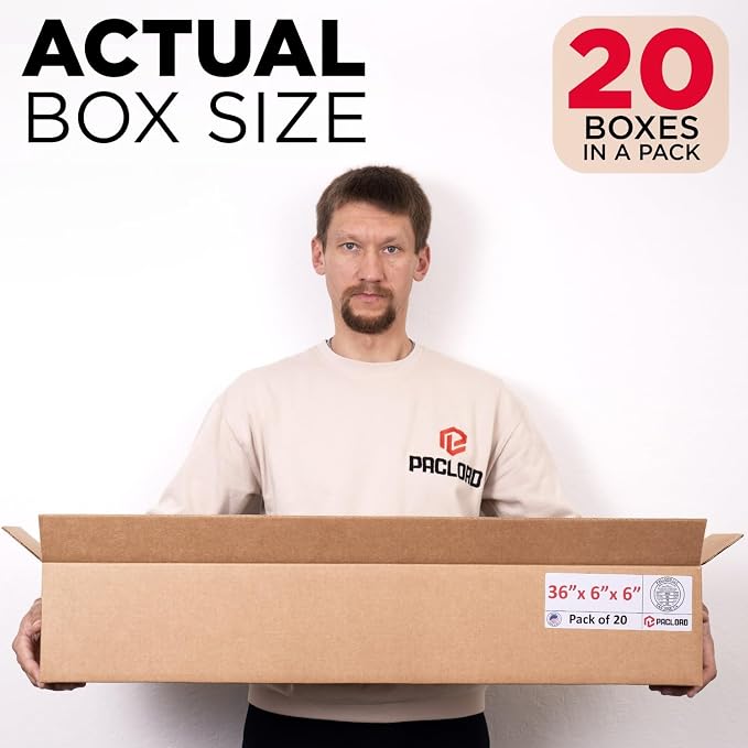 Long Cardboard Boxes 36"L x 6"W x 6"H (Pack of 20) - USA-Made Packing Boxes for Moving, Shipping, or Storage - USPS, UPS, FedEx Approved - Professional Packing Supplies for Moving | USA-Made Packing Boxes for Moving, Shipping, or Storage - USPS, UPS, F...