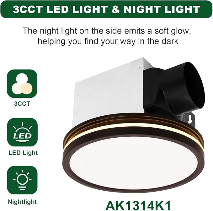 Akicon Bathroom Exhaust Fan with Light, 80 CFM 2.0 Sones Bathroom Fans for Ceiling, 3CCT 15W Dimmable LED Light and 3.5W Nightlight Vent Fan Combo for Home, Round, Black