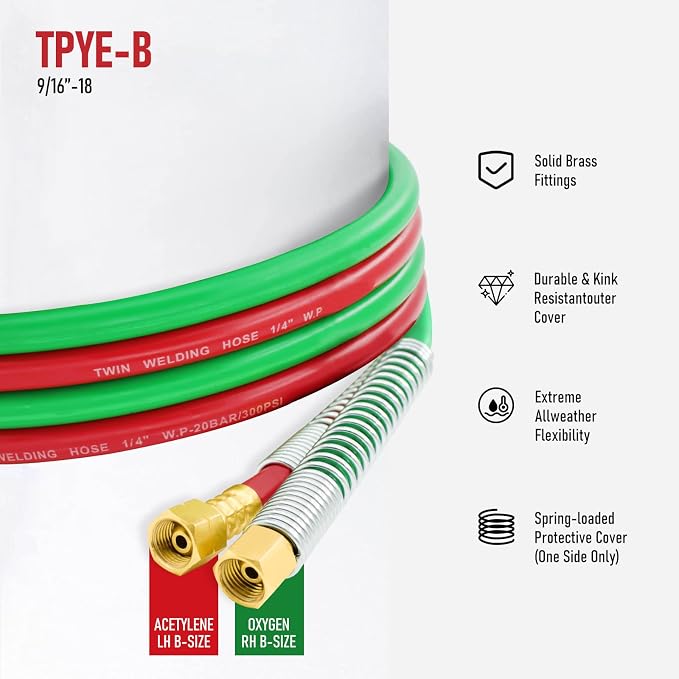 RX WELD 50 FT 1/4" Oxy Acetylene Welding Hose with 9/16"-18 B Fittings | Grade R, Rubber, Twin-Line Torch Hose